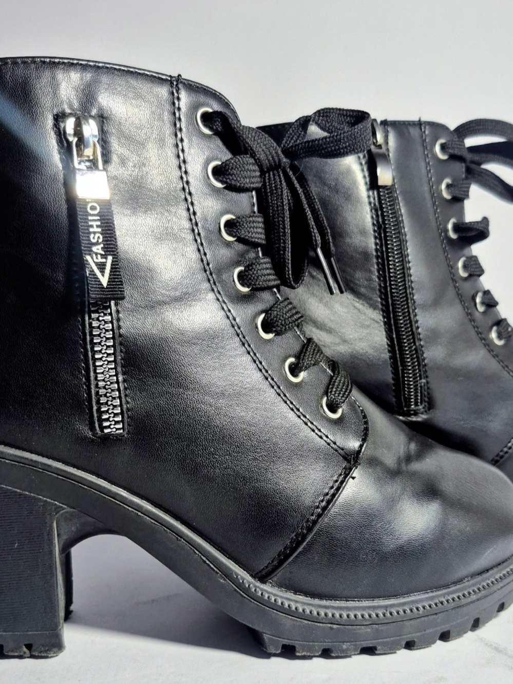 Black Lace-Up Heeled Ankle Boots -
